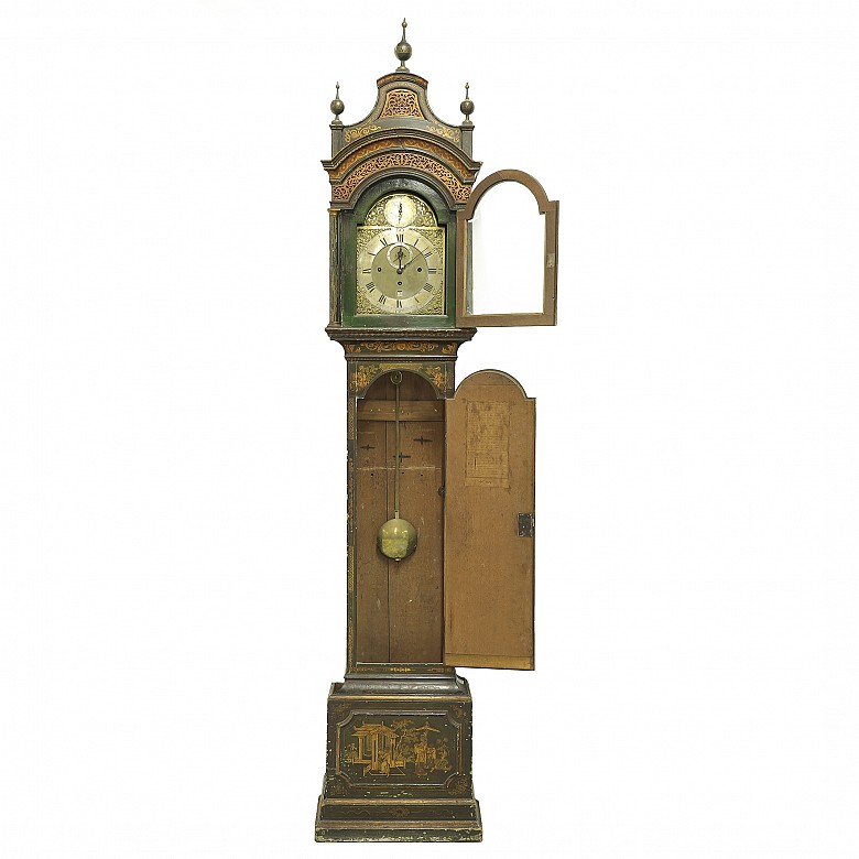 English tall case clock, chinoiserie decoration, 18th century