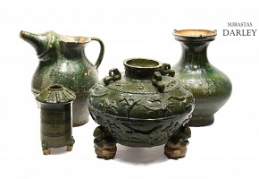 Lot of four green-glazed pottery containers.