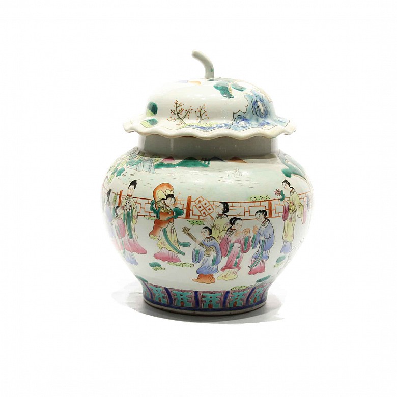 Tibor con tapa con forma de calabaza de porcelana china, s.XX