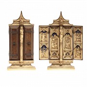 Triptych of carved ivory and wood, 20th century.