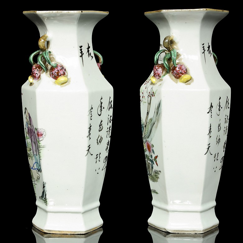 Two hexagonal vases with musicians, Qing dynasty