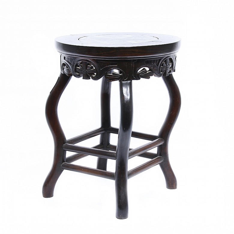Hongmu wooden stool with veined marble top, 20th century