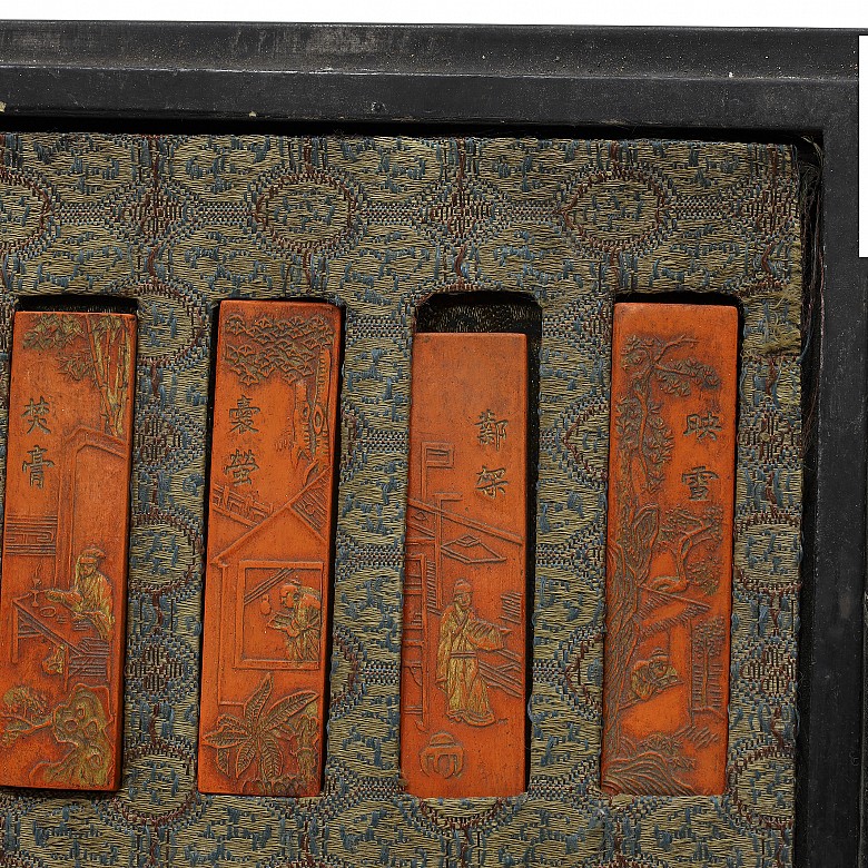 Set of eight solid cinnabar inks, with lacquer box, Qing dynasty.