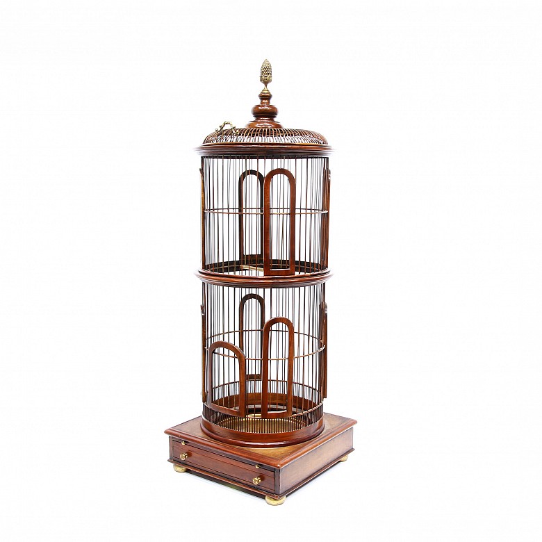 Wood and brass bird cage.