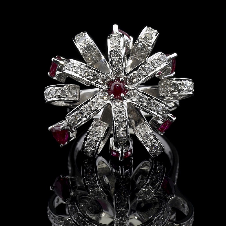 Ring in 18k white gold, diamonds and rubies - 6