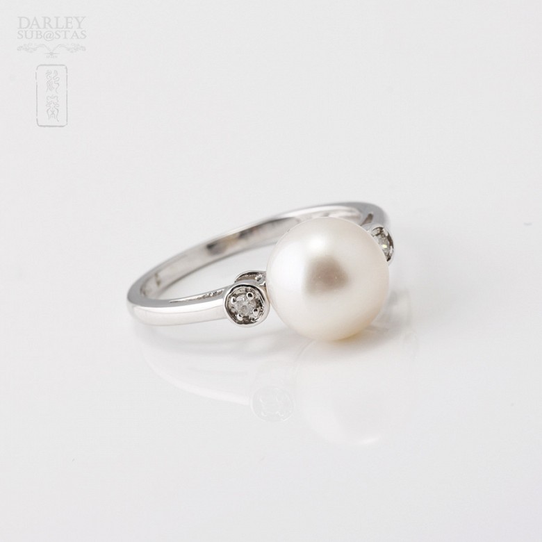 anillo 18k perla blanca y diamantes - 3