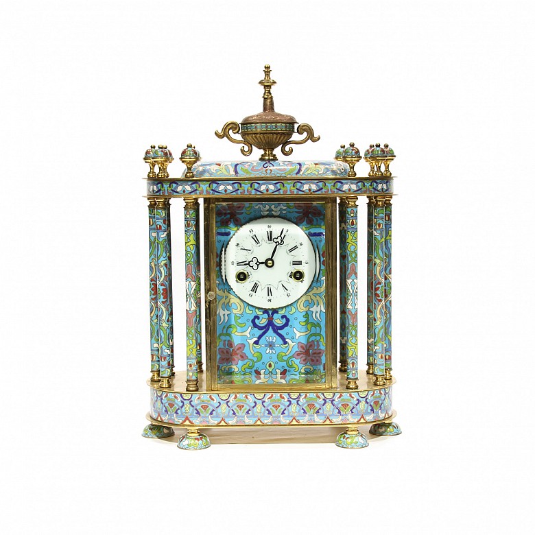 Reloj de sobremesa en bronce y esmalte cloisonné, s.XX