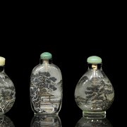 Three hand-painted glass snuff bottles