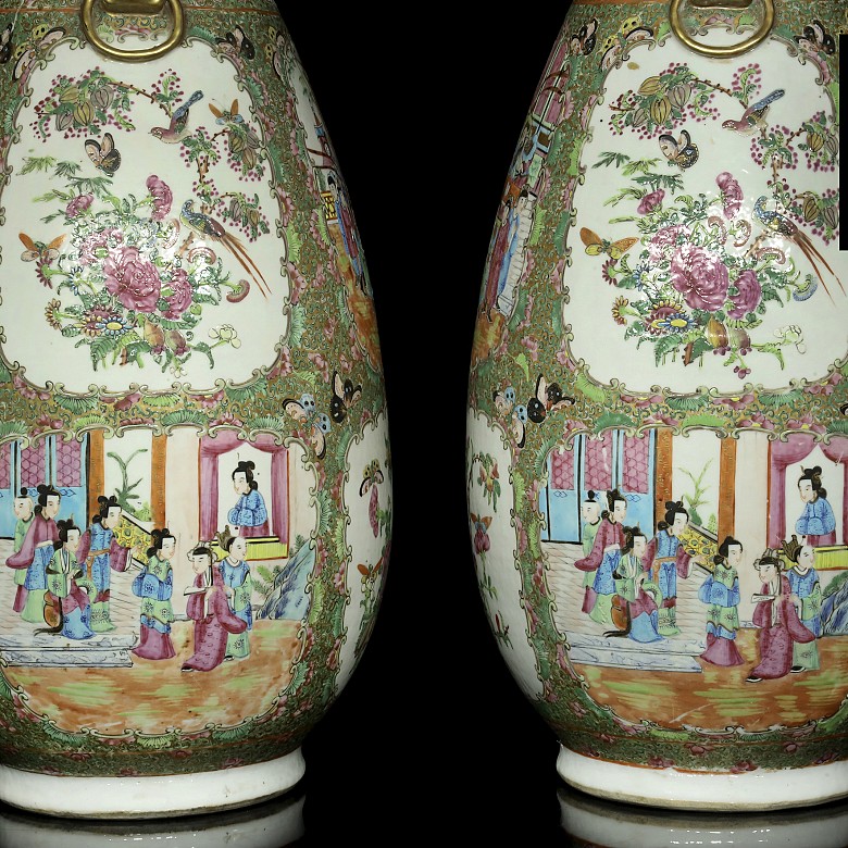 Pareja de jarrones con tapa, familia rosa, Cantón, S.XIX - 4
