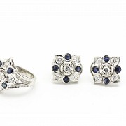 Ring and earrings set in 18k white gold, with sapphires and diamonds.