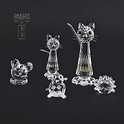 Set of five figures in Swarovski crystal, rabbit, mouse, hedgehog and two cats