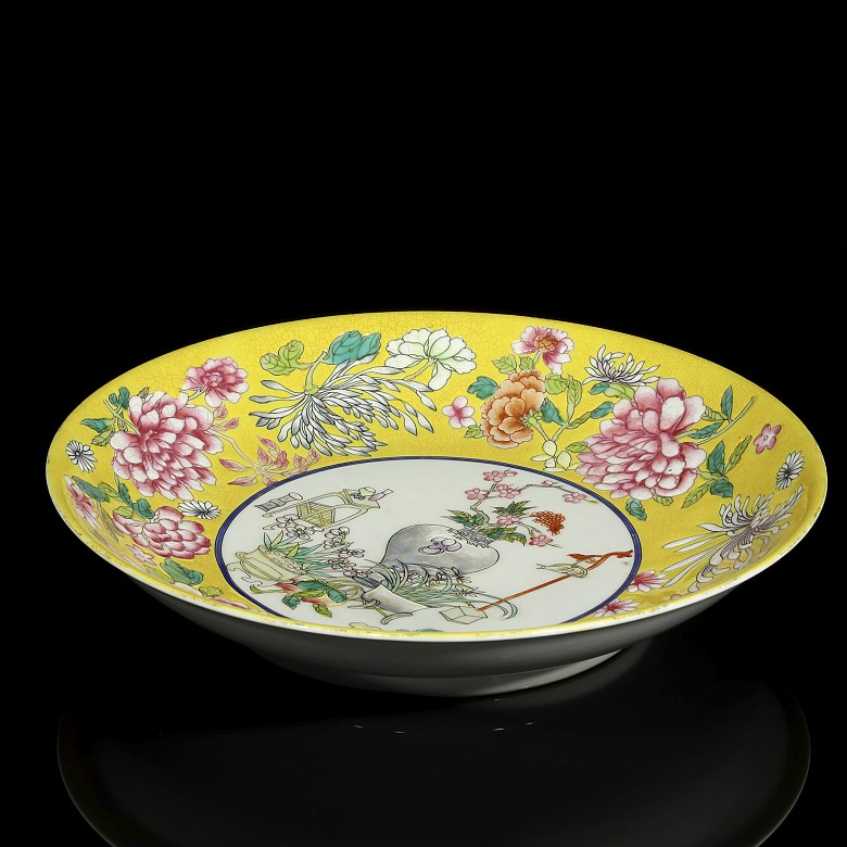 Dish of flowers and treasures with yellow background, 20th century