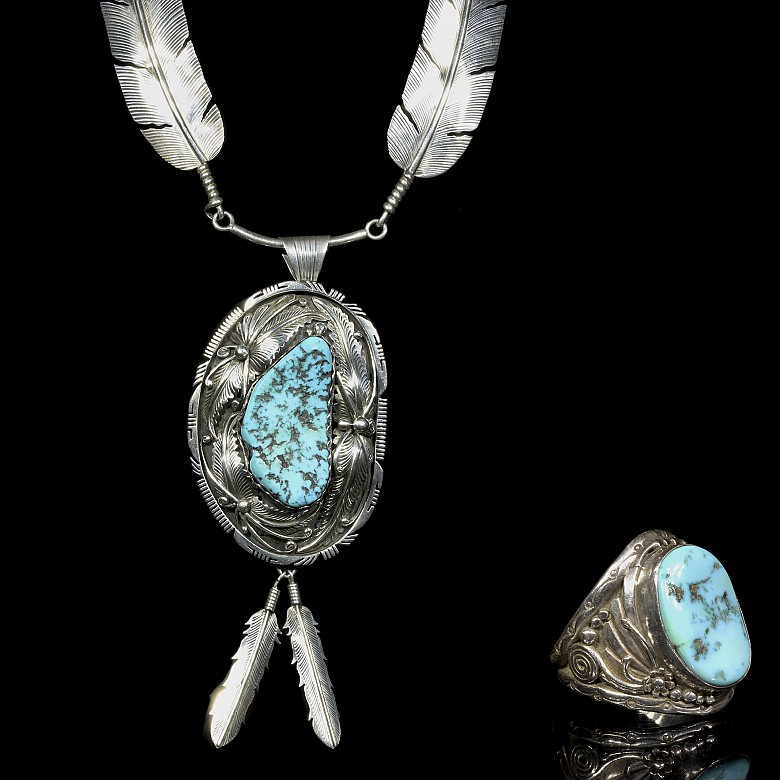 Silver and turquoise jewelry. Mark Yazzie necklace and a ring.
