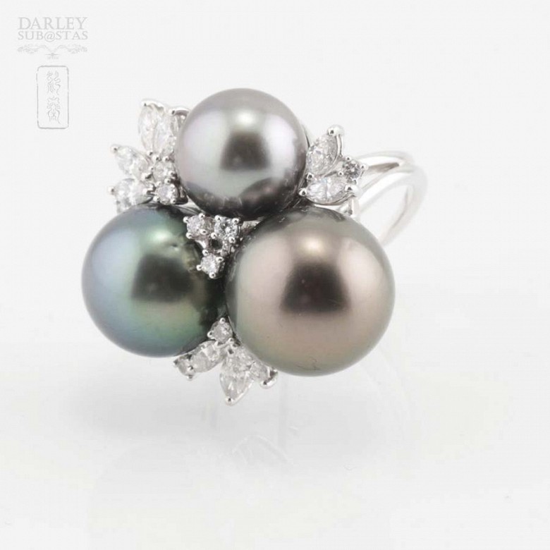 Anillo oro 18k con perlas naturales Tahití  y diamantes - 5