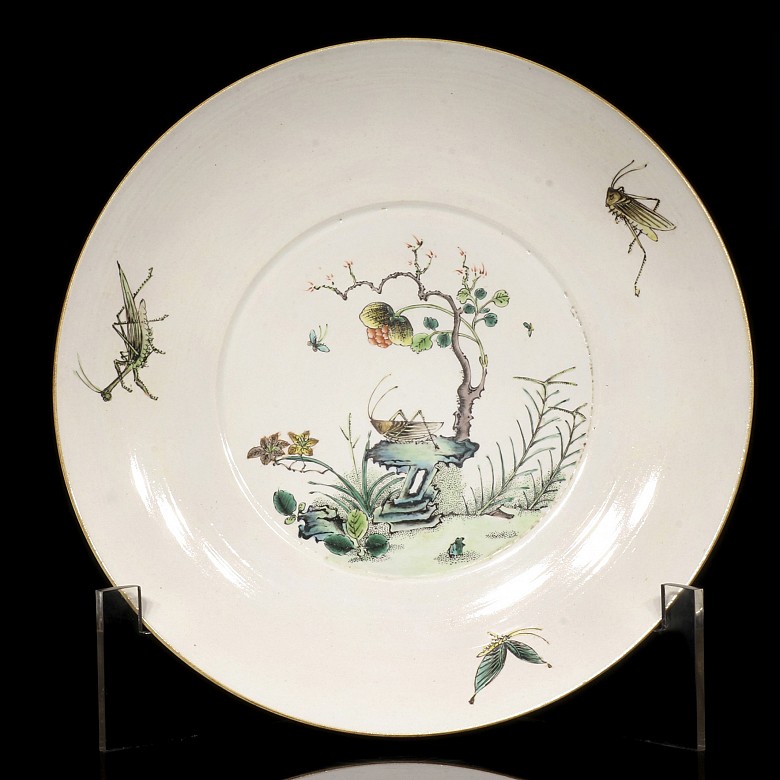 Dish with birds and branches, enameled porcelain, 20th century