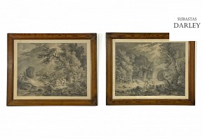 Pair of decorative scenes, framed, 20th century