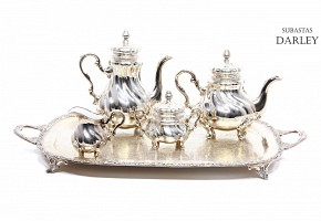 Porcelain tea set and metal tray.