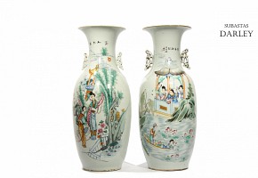 Pareja jarrones de cerámica esmaltada, familia verde, China, s.XIX