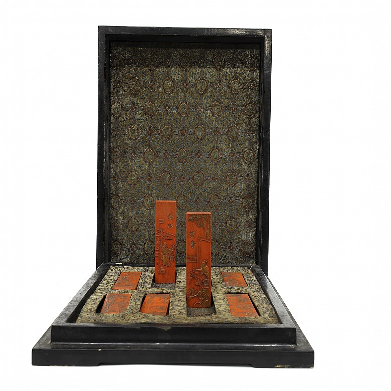 Set of eight solid cinnabar inks, with lacquer box, Qing dynasty.