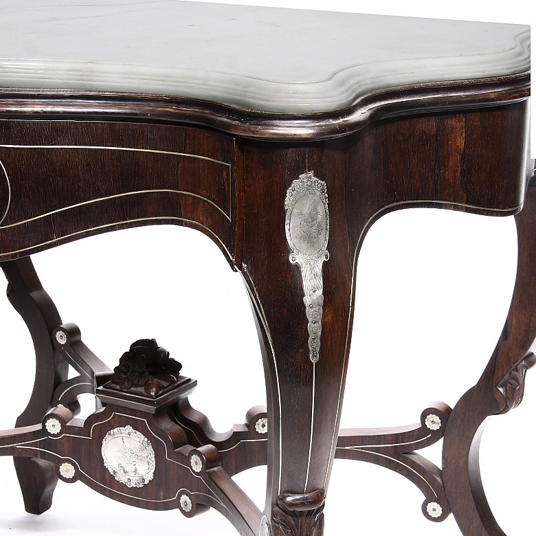 Silver marquetry console table, late 19th century