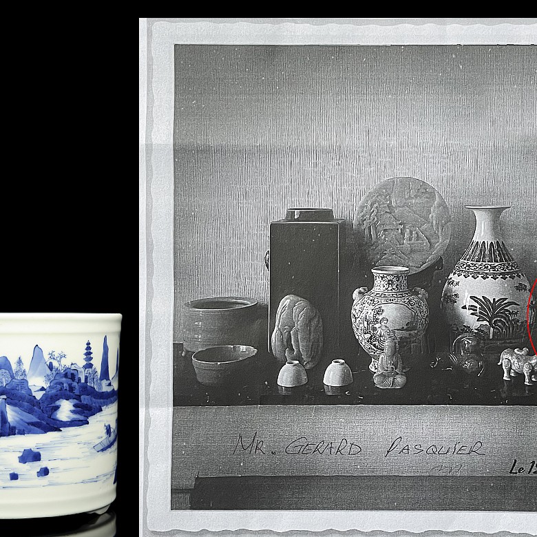 Bote de cerámica para pinceles, azul y blanco, dinastía Qing
