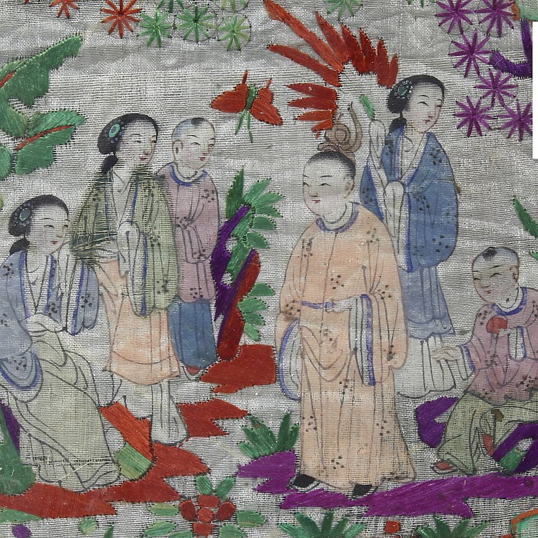 Embroidered and painted silk fabric.
