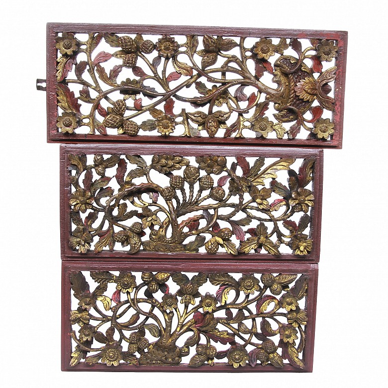 Three decorative wooden lintels, Peranakan, early 20th century