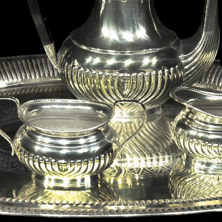English tea set with tray, silver-plated metal, 20th century - 2