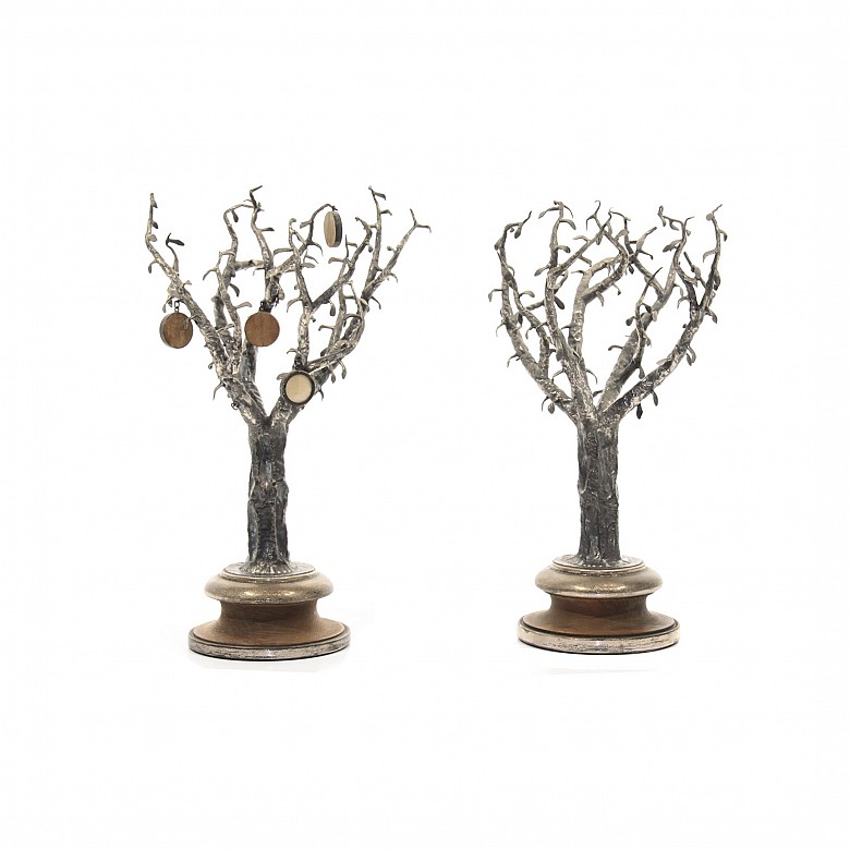 Pair of silver trees with wooden base, Spain, 20th century
