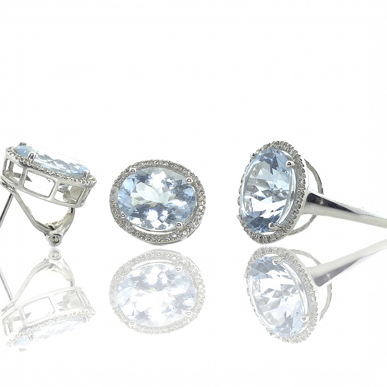 Earrings and ring set, with aquamarines and diamonds - 1