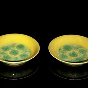 Pair of dishes, yellow and green glaze, with Jiajing marking