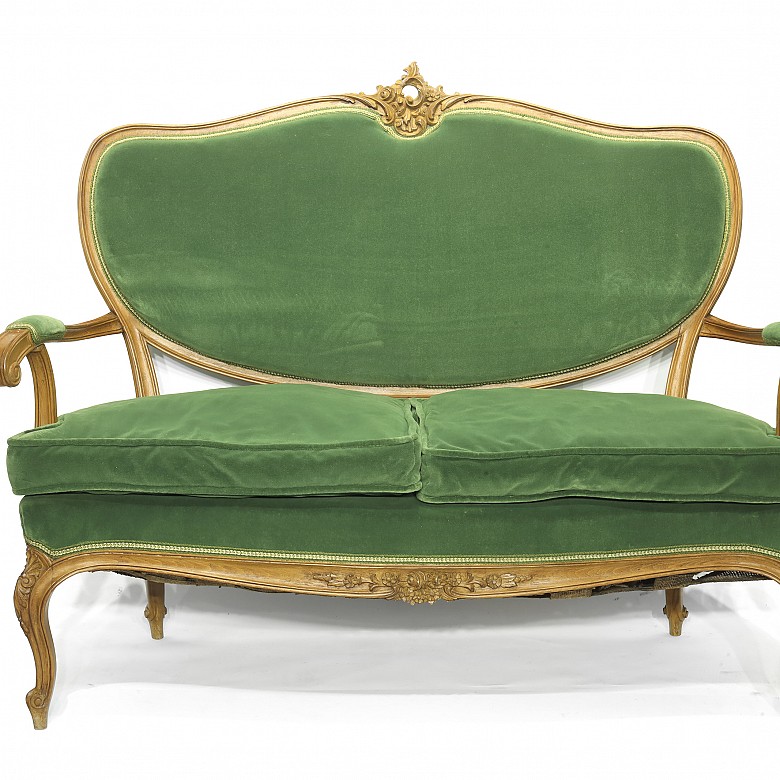 Tresillo y sillas tapizados en terciopelo verde, S.XX - 1
