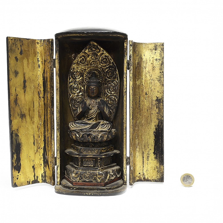 Japanese Buddha, with wooden niche, 19th century - 4